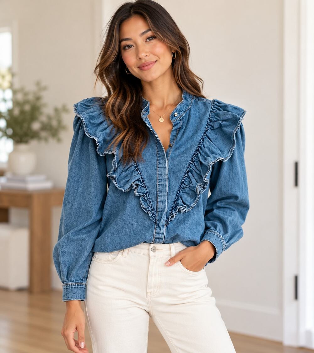 Olivaceous NWT Denim Ruffle V-Neck Long Sleeve Blouse M